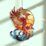 Phoenix Acrylic Wavy Suncatcher Ornament, Vibrant Mythical Bird Faux Stained Glass Window Hanging, Fiery Fantasy Decor for Spiritual Homes