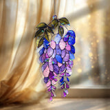 Wisteria Acrylic Wavy Suncatcher Ornament, Purple Hanging Flower Faux Stained Glass Window Panel, Elegant Spring Garden Floral Home Decor
