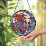 Witch Stained Glass Suncatcher, Round Halloween Moon Window Panel with Cat, Bat, and Broomstick, Gothic Witchy Glass Art Decor