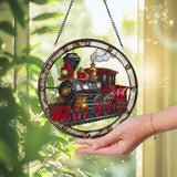 Train Stained Glass Suncatcher, Round Vintage Steam Locomotive Window Panel, Retro Railroad Glass Art Hanging Home Decor