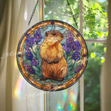 Groundhog Stained Glass Suncatcher, Round Prairie Dog Window Panel with Purple Flowers, Woodland Nature Glass Art Decor