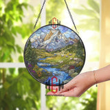 Mountain Landscape Stained Glass Suncatcher, Round Alpine Window Panel with River, Sheep and Wildflowers, Nature Glass Art Decor