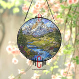 Mountain Landscape Stained Glass Suncatcher, Round Alpine Window Panel with River, Sheep and Wildflowers, Nature Glass Art Decor