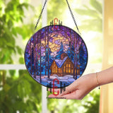 Cozy Cabin Winter Stained Glass Suncatcher, Round Snowy Forest Window Panel with Moonlight, Rustic Lodge Glass Art Home Decor