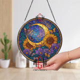 Sunflower Moon Stained Glass Suncatcher, Round Crescent Moon with Butterflies and Flowers Window Panel, Celestial Floral Glass Art Decor