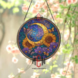 Sunflower Moon Stained Glass Suncatcher, Round Crescent Moon with Butterflies and Flowers Window Panel, Celestial Floral Glass Art Decor
