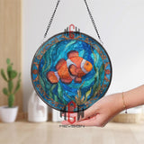 Clownfish Stained Glass Suncatcher, Round Ocean Sea Life Window Panel, Colorful Underwater Marine Glass Art Decor for Beach Lovers