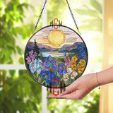Sunrise Flower Field Stained Glass Suncatcher, Round Mountain Lake Window Panel, Colorful Iris and Wildflower Glass Art Decor