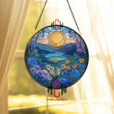 Golden Sunrise Floral Stained Glass Suncatcher, Round Mountain Lake Window Panel, Blue and Yellow Wildflower Glass Art Decor