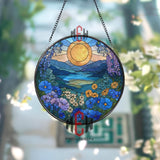 Golden Sunrise Floral Stained Glass Suncatcher, Round Mountain Lake Window Panel, Blue and Yellow Wildflower Glass Art Decor