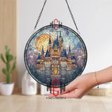 Fantasy Castle Stained Glass Suncatcher, Round Fairytale Kingdom Window Panel, Blue Spire Glass Art, Enchanted Medieval Home Decor