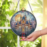 Fantasy Castle Stained Glass Suncatcher, Round Fairytale Kingdom Window Panel, Blue Spire Glass Art, Enchanted Medieval Home Decor