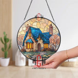 Cozy Cottage Stained Glass Suncatcher, Round Fairytale House Window Panel with Blue Roof, Warm Light Glass Art Home Decor