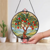 Peach Tree Stained Glass Suncatcher, Round Fruit Tree Window Panel with Vibrant Leaves and Blossoms, Nature Garden Glass Art Decor