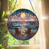 Coastal Sunset Stained Glass Suncatcher, Round Ocean Waves with Adirondack Chairs, Moonlight Beach Window Panel Home Decor