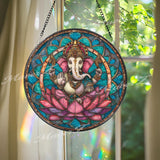Ganesh Stained Glass Suncatcher, Round Lotus Flower Hindu God Window Panel, Spiritual Home Decor, Colorful Religious Gift for Meditation