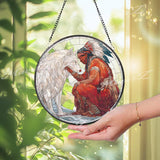 Native American and Wolf Stained Glass Suncatcher, Spiritual Round Window Panel, Tribal Art Home Decor, Cultural Wildlife Gift