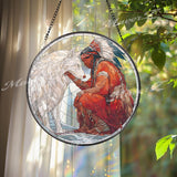 Native American and Wolf Stained Glass Suncatcher, Spiritual Round Window Panel, Tribal Art Home Decor, Cultural Wildlife Gift
