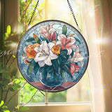 Lily Bouquet Stained Glass Suncatcher, Round Floral Window Panel with Vase, Elegant Glass Art Home Decor and Gift