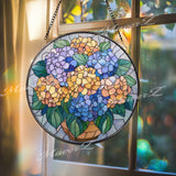 Hydrangea Bouquet Stained Glass Suncatcher, Round Colorful Floral Window Panel, Bright Garden Flower Glass Art Home Decor