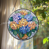 Hydrangea Bouquet Stained Glass Suncatcher, Round Colorful Floral Window Panel, Bright Garden Flower Glass Art Home Decor