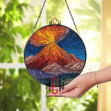 Volcano Eruption Stained Glass Suncatcher, Round Mountain Landscape Window Panel, Fiery Nature Glass Art Home Decor for Adventure Lovers