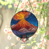 Volcano Eruption Stained Glass Suncatcher, Round Mountain Landscape Window Panel, Fiery Nature Glass Art Home Decor for Adventure Lovers