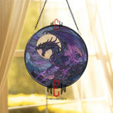 Dragon Stained Glass Suncatcher, Round Fantasy Window Panel with Moon and Lightning, Mystical Gothic Glass Art Home Decor for Dragon Lovers