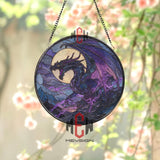 Dragon Stained Glass Suncatcher, Round Fantasy Window Panel with Moon and Lightning, Mystical Gothic Glass Art Home Decor for Dragon Lovers
