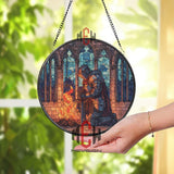 Knight Stained Glass Suncatcher, Round Medieval Warrior Window Panel with Fire, Gothic Fantasy Glass Art Home Decor for History Lovers