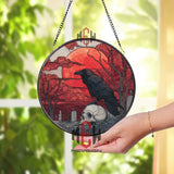 Raven and Skull Stained Glass Suncatcher, Round Gothic Cemetery Window Panel with Blood Moon, Dark Fantasy Glass Art Home Decor