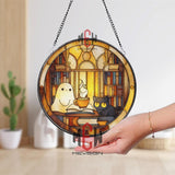 Ghost and Cat Stained Glass Suncatcher, Round Cozy Library Window Panel with Books and Coffee, Cute Gothic Halloween Glass Art Decor