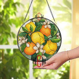 Lemon and Orange Stained Glass Suncatcher, Round Citrus Fruit Window Panel with Blossoms, Kitchen Garden Glass Art Home Decor