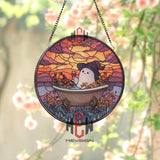 Ghost in Bathtub Stained Glass Suncatcher, Round Sunset Window Panel with Witch Hat and Wine, Cute Gothic Halloween Glass Art
