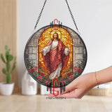 Jesus Christ Stained Glass Suncatcher, Round Religious Window Panel with Radiant Light and Roses, Christian Spiritual Home Decor