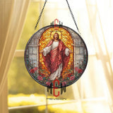 Jesus Christ Stained Glass Suncatcher, Round Religious Window Panel with Radiant Light and Roses, Christian Spiritual Home Decor