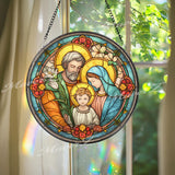 Holy Family Stained Glass Suncatcher, Round Religious Window Panel with Joseph, Mary and Child Jesus, Christian Spiritual Home Decor