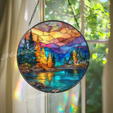 Mountain Sunset Stained Glass Suncatcher, Round Nature Lake and Forest Window Panel, Colorful Landscape Glass Art Home Décor