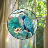Blue Heron Stained Glass Suncatcher, Round Lotus Pond Window Panel with Water Lilies, Nature Bird Glass Art, Wetland Wildlife Home Decor