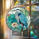 Blue Heron Stained Glass Suncatcher, Round Lotus Pond Window Panel with Water Lilies, Nature Bird Glass Art, Wetland Wildlife Home Decor