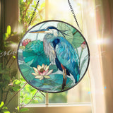 Blue Heron Stained Glass Suncatcher, Round Lotus Pond Window Panel with Water Lilies, Nature Bird Glass Art, Wetland Wildlife Home Decor