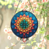 Rainbow Mandala Flower Stained Glass Suncatcher, Round Geometric Lotus Window Panel, Colorful Boho Glass Art for Spiritual Home Decor