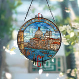 Venice Grand Canal Stained Glass Suncatcher, Round Italian Cityscape Window Panel with Gondolas, Travel Glass Art Home Decor