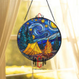 Camping Night Stained Glass Suncatcher, Round Starry Sky Forest Tent and Campfire Window Panel, Outdoor Adventure Glass Art Decor