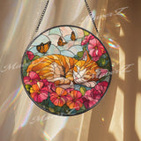 Orange Cat Suncatcher: Floral Stained Glass Window Decor