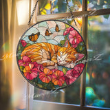 Orange Cat Suncatcher: Floral Stained Glass Window Decor