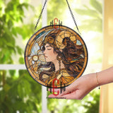Zodiac Goddess Stained Glass Suncatcher, Elegant Ram Horn Woman Round Window Panel, Mythical Fantasy Astrology Glass Decor for Home