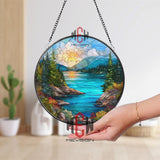 Mountain Lake Sunset Stained Glass Suncatcher, Colorful Nature Landscape Round Window Hanging, Cabin or Lodge Decor Gift