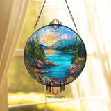 Mountain Lake Sunset Stained Glass Suncatcher, Colorful Nature Landscape Round Window Hanging, Cabin or Lodge Decor Gift