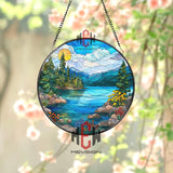 Mountain Lake Sunset Stained Glass Suncatcher, Colorful Nature Landscape Round Window Hanging, Cabin or Lodge Decor Gift